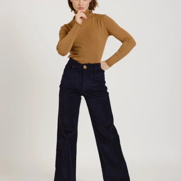 Pantalon évasé taille haute en velours Navy FAUVE - FAM Paris